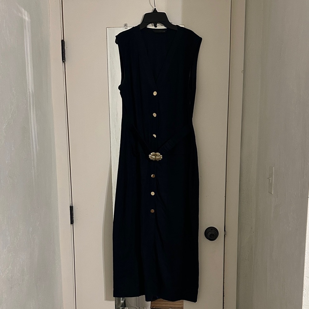 Zara Navy Blue Maxi Dress with Gold Buttons and Belt